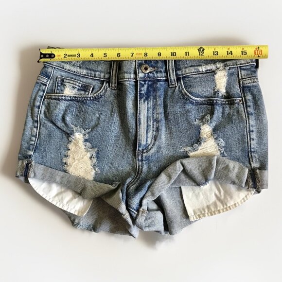 SNEAK PEEK Women’s High-Rise Distressed Cuffed Blue‎ Denim Shortie Shorts Medium - Picture 4 of 6